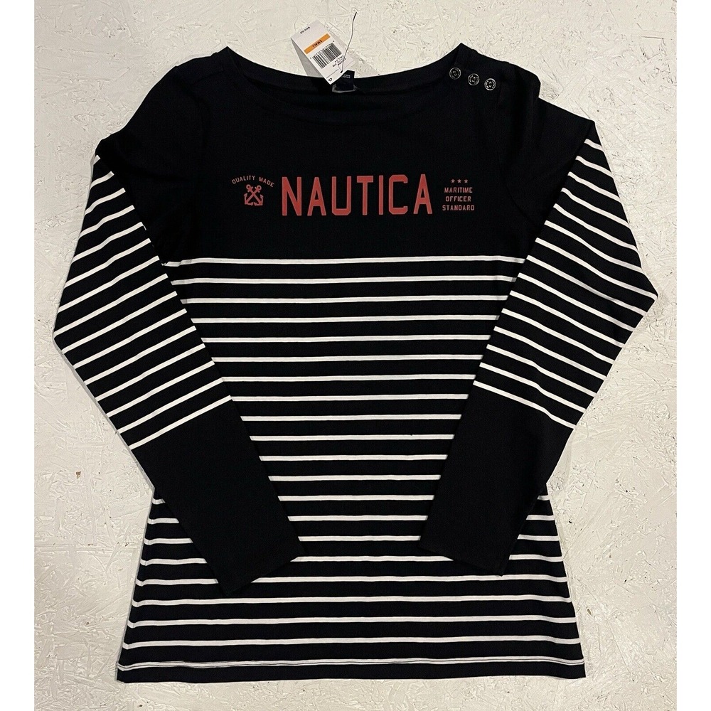 Nautica‎ Women's Small Long Sleeve Striped Shirt Black White Buttons NWT